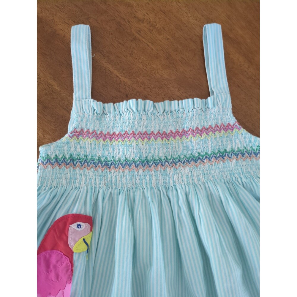 Mini Boden Girls Fun Appliqué Sun Dress Aqua Blue Ticking Parrot size 7/8 GUC - Picture 3 of 10